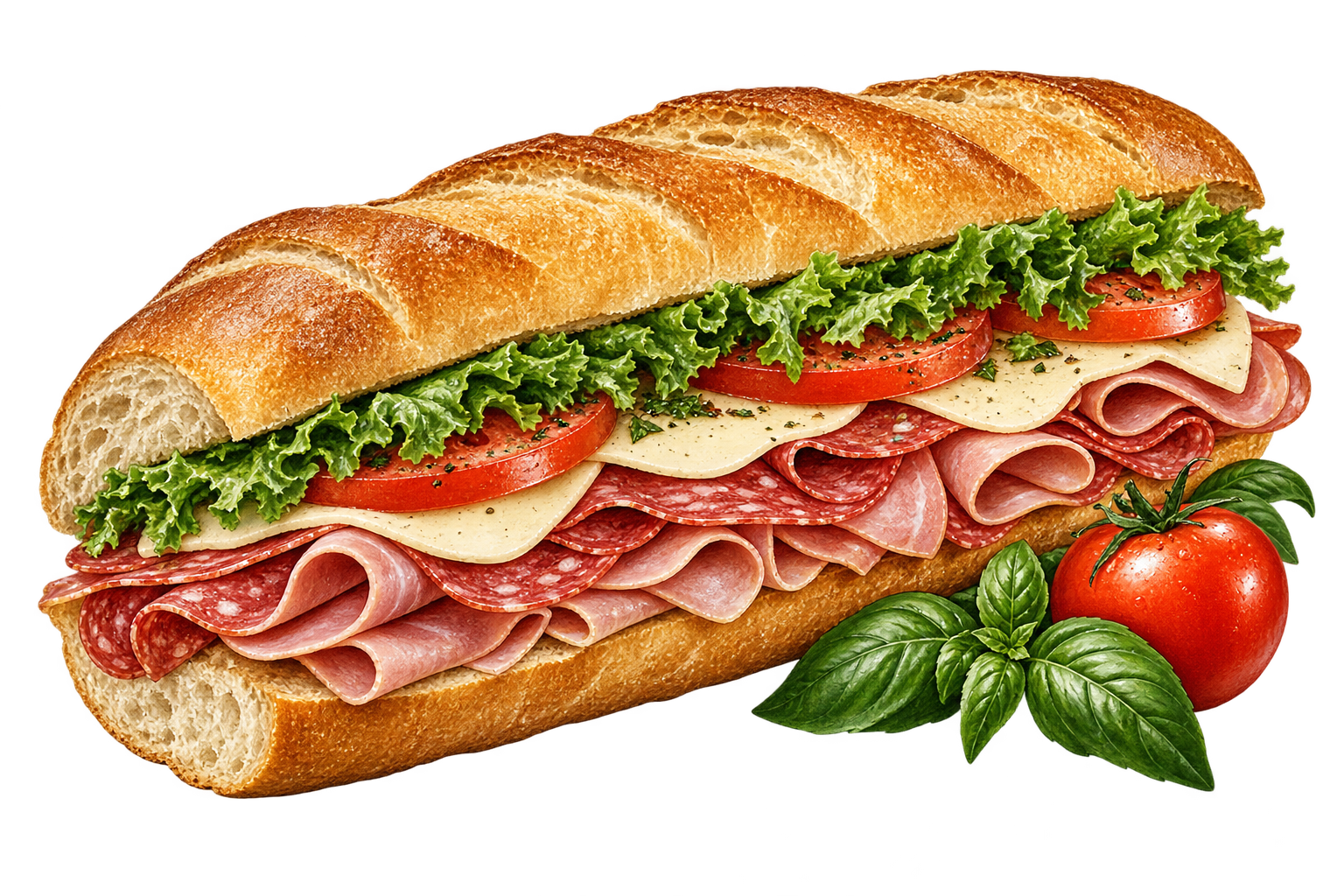 Illustration of an Italian sub with deli meats, provolone, lettuce and tomato